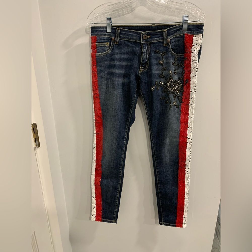Italian Vibrant Red and White Skinny Beaded Jeans Sequence Side Accents